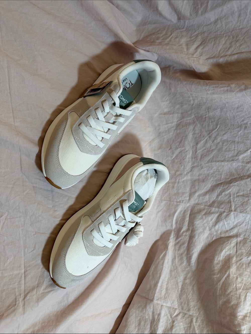 TOMS White Sneakers with Light Gray Panels and Green Heel Tab